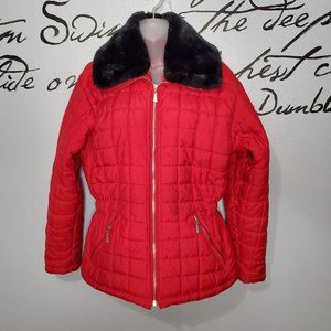 Old School Clothing Co. Red Puffer Coat with Detachable Faux Fur Collar, M